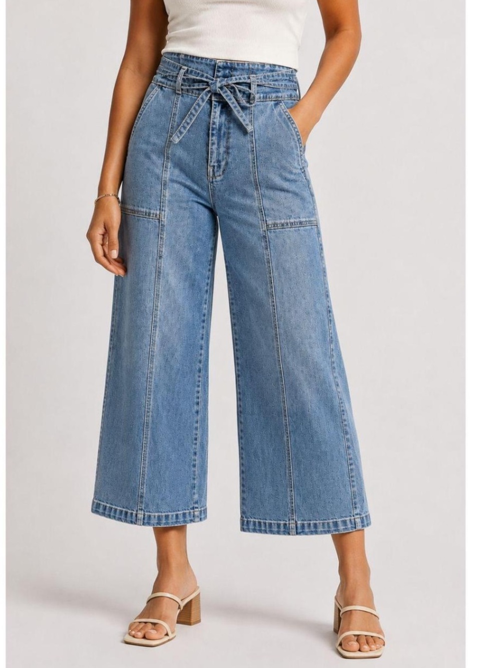 Hudson Jeans Light Blue Wide-Leg Tie-Waist Jeans denim cropped ankle 12 belt